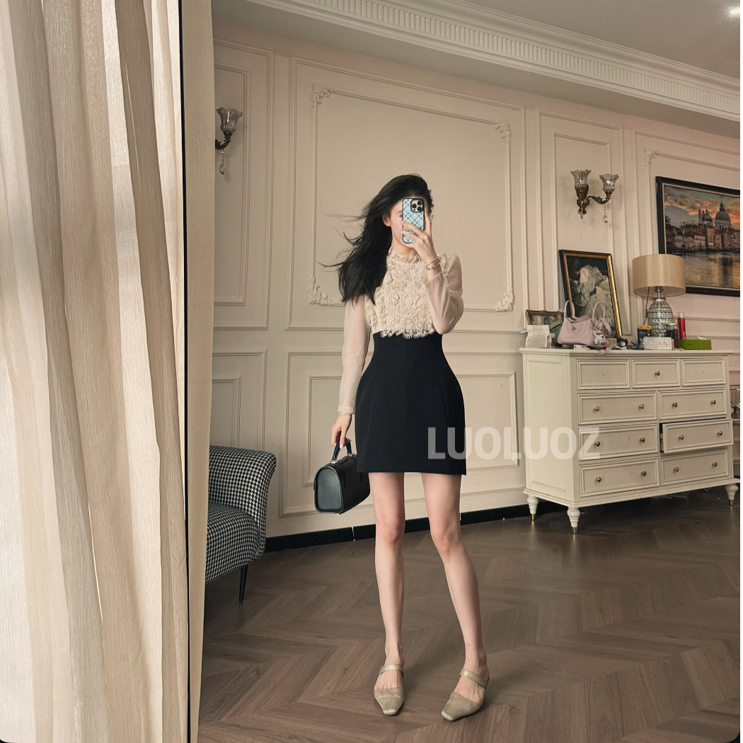 LUOLUOZ【露丝花语】高级感气质撞色轻奢秋季收腰短款连衣裙JF1001