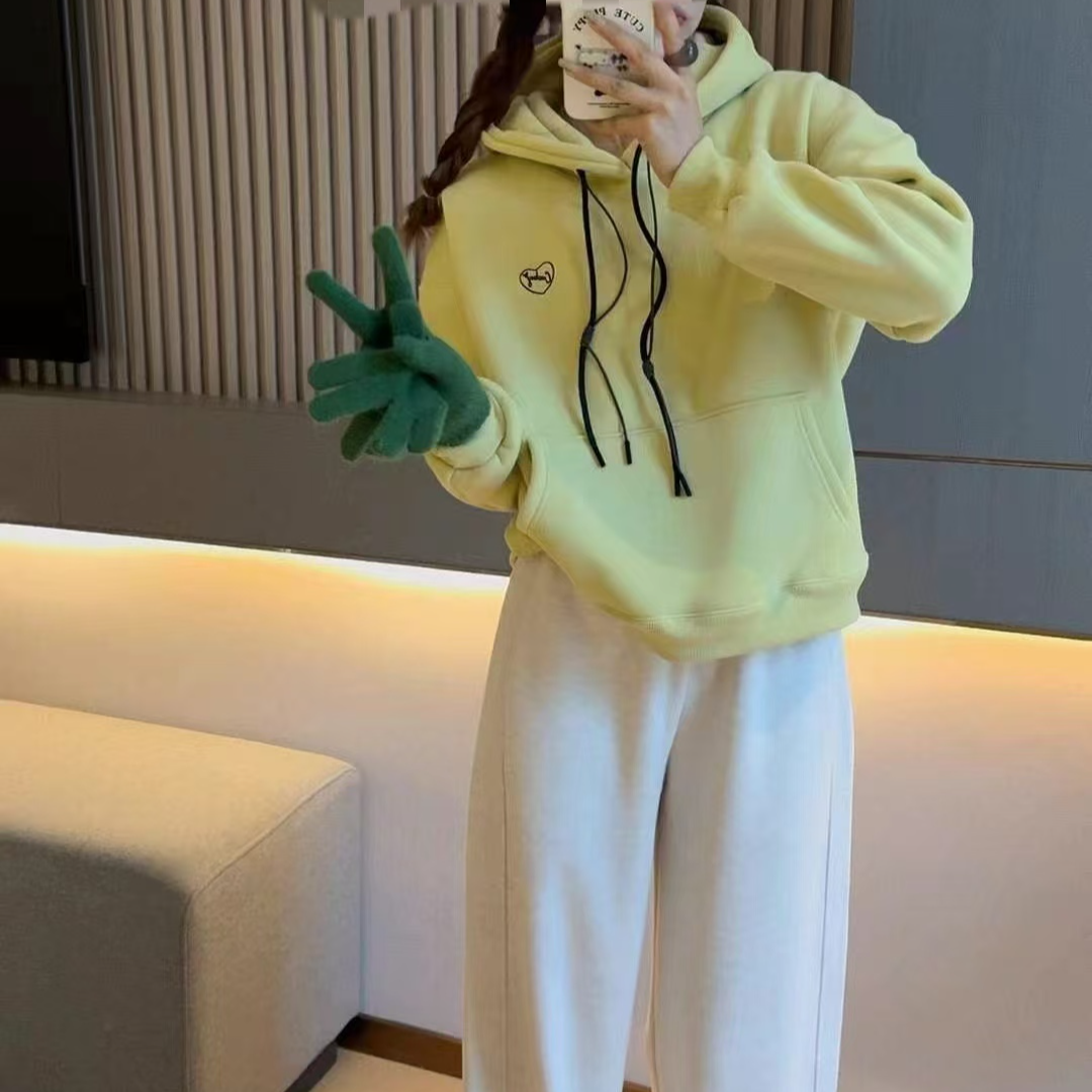 刺绣加绒连帽卫衣女2024秋冬装新款欧货女装慵懒风上衣外套潮