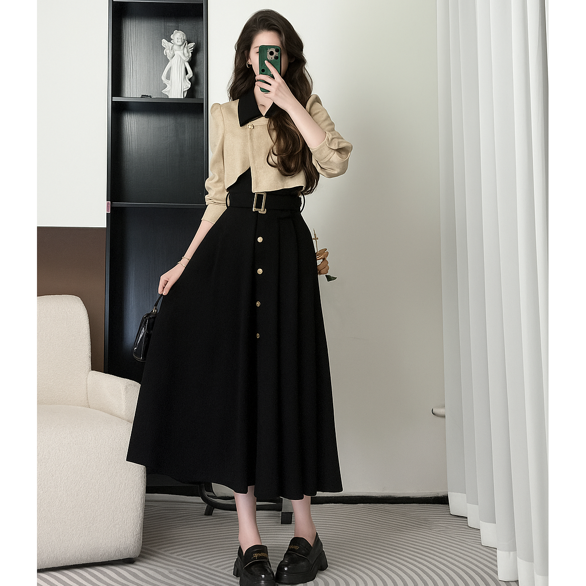 拉夏贝尔25冬季【巴黎秋韵】瘦小众轻奢赫本风长裙连衣裙 10647 YDJ