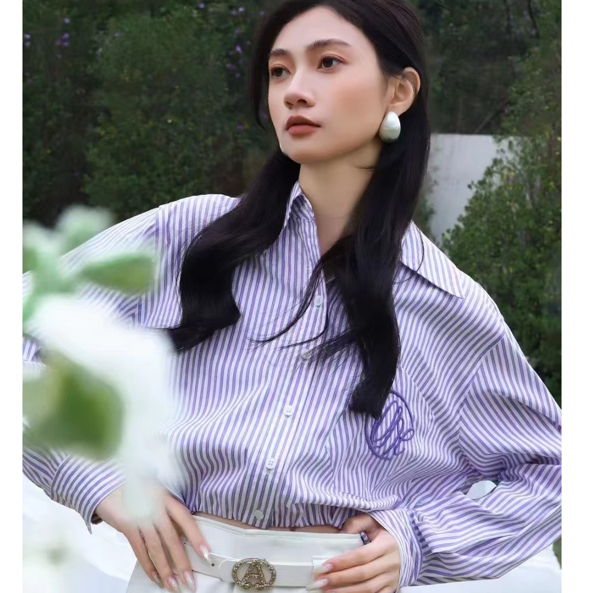 时尚休闲条纹短款衬衫长袖