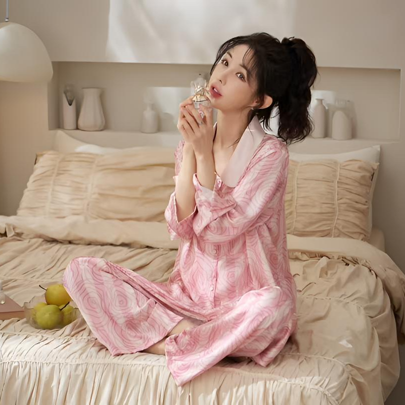 春夏款长袖女士女士甜美宽松长款家居服套装