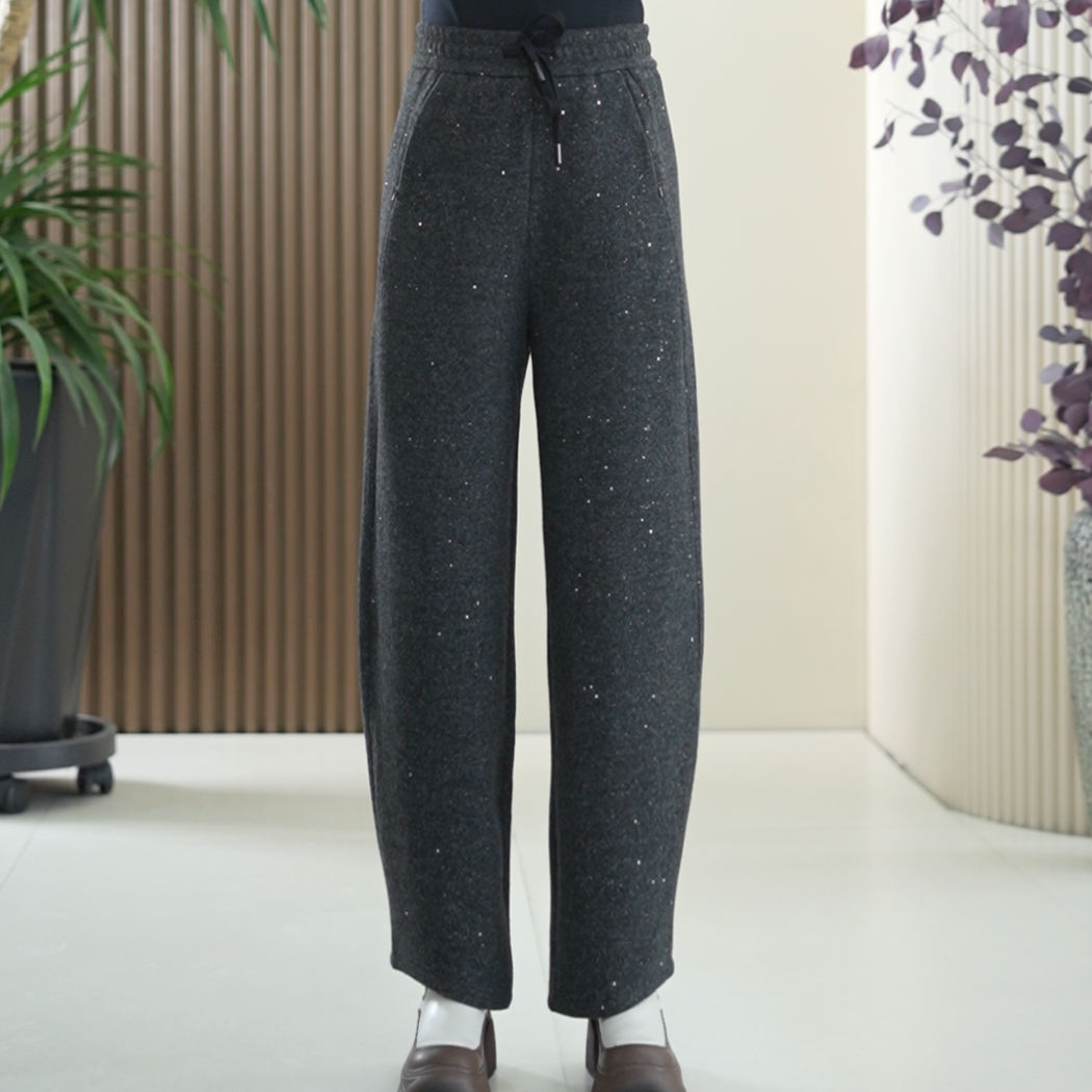 【满天星裤子】复合密绒毛呢裤女大码弹力弯刀亮片冬季斜边香蕉长裤