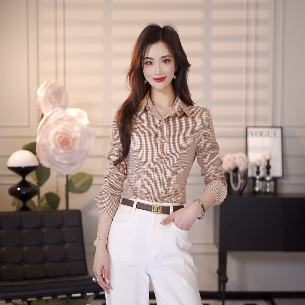 AMASS/阿玛施 百搭修身衬衫春夏衬衣时尚5300922格子格纹长袖打底