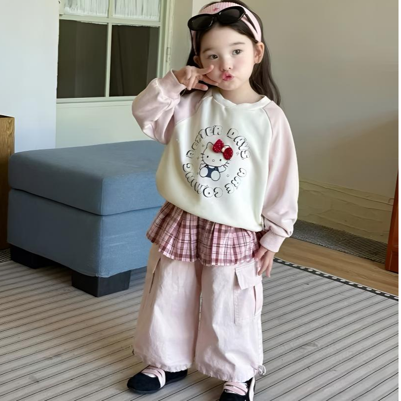 喜呦女童25秋~卡通KT卫衣+屁帘工装休闲裤 套装