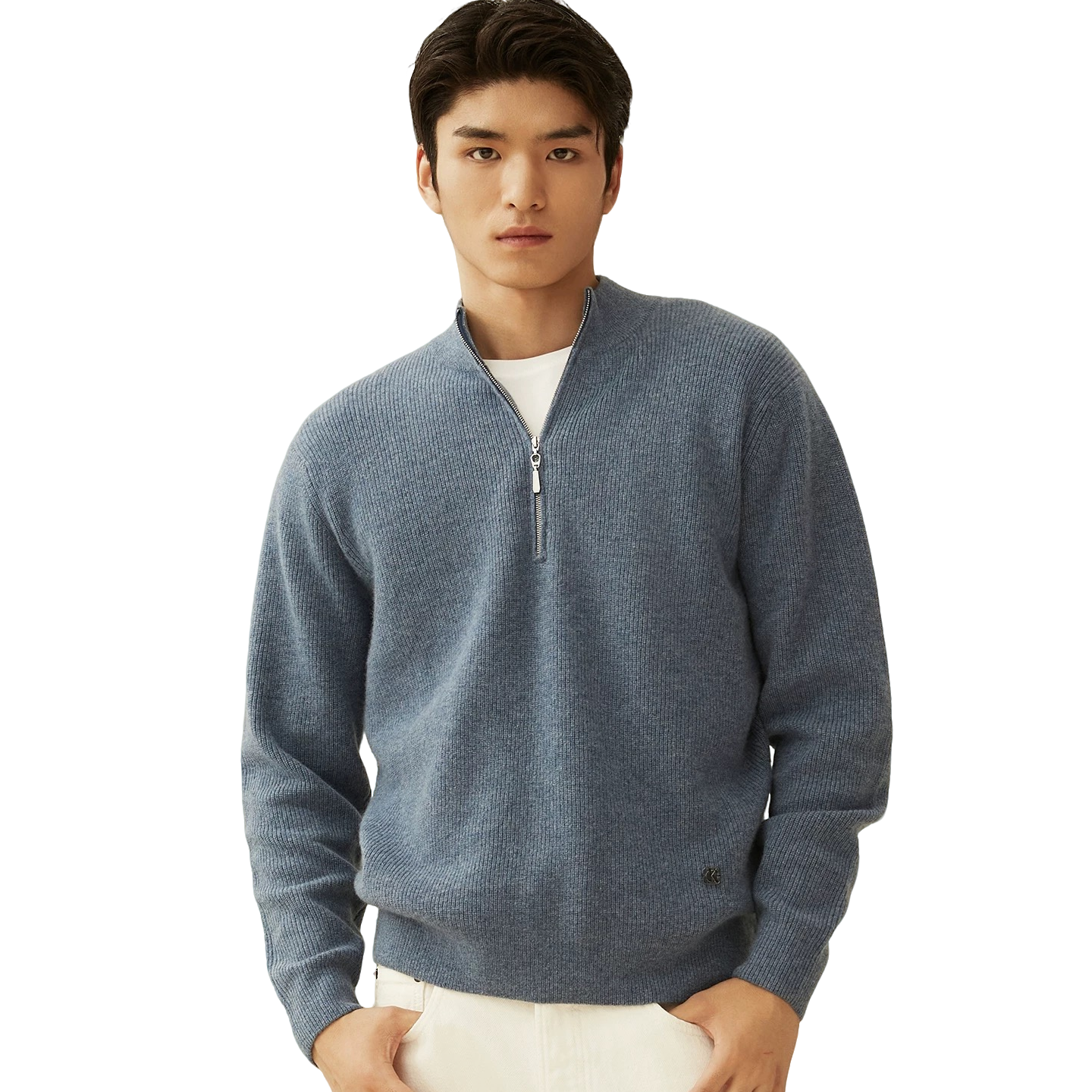 25年秋冬新款 元宝针拉链半高领100%山羊绒男士羊绒套衫911416313