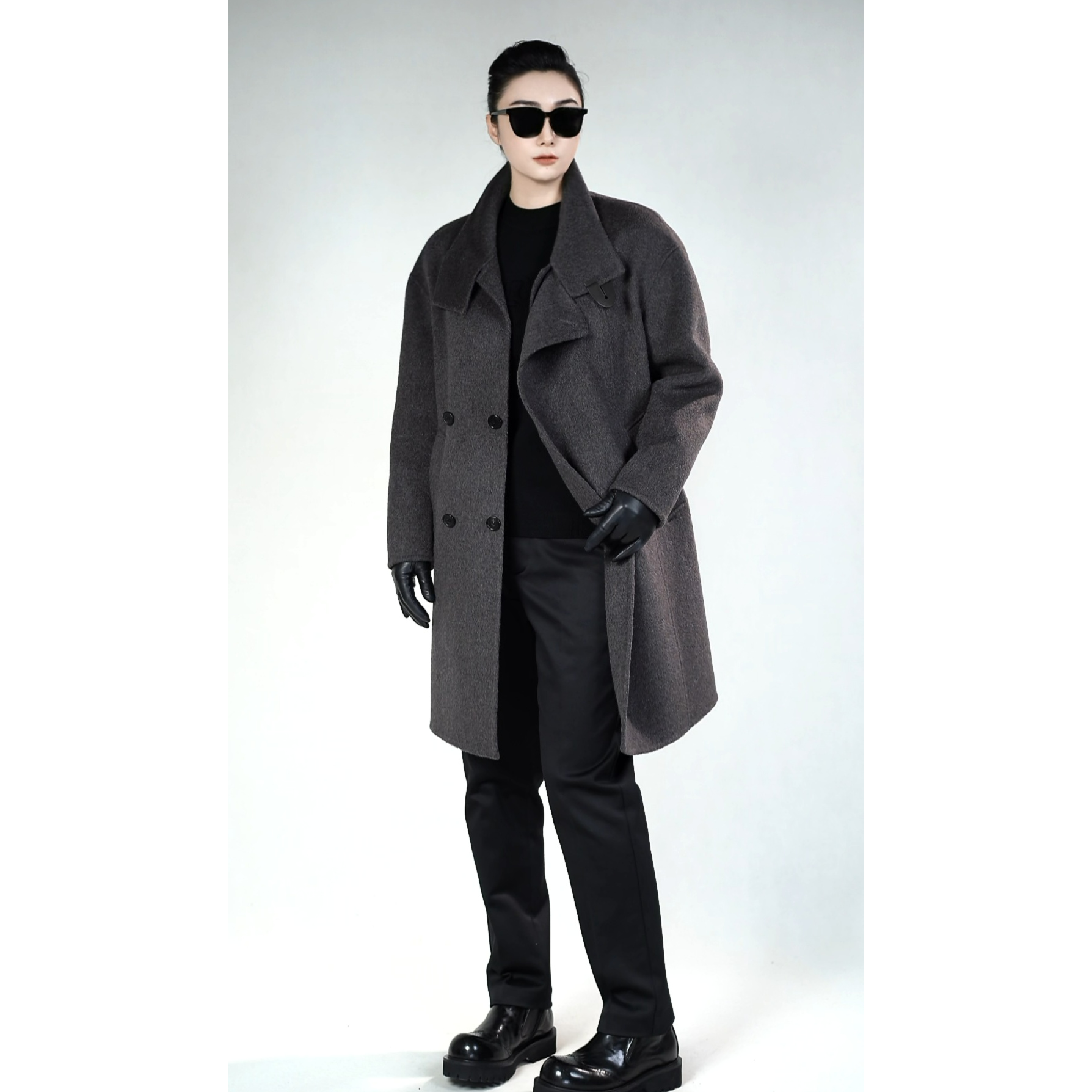 男士羊毛羊绒混纺拼皮大衣588170秋冬男装轻奢保暖羊毛大衣/娜