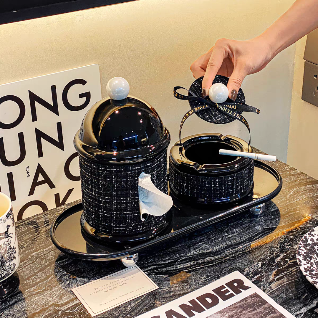 法式小香风陶瓷烟灰缸家用客厅轻奢高级感带盖防飞灰烟缸