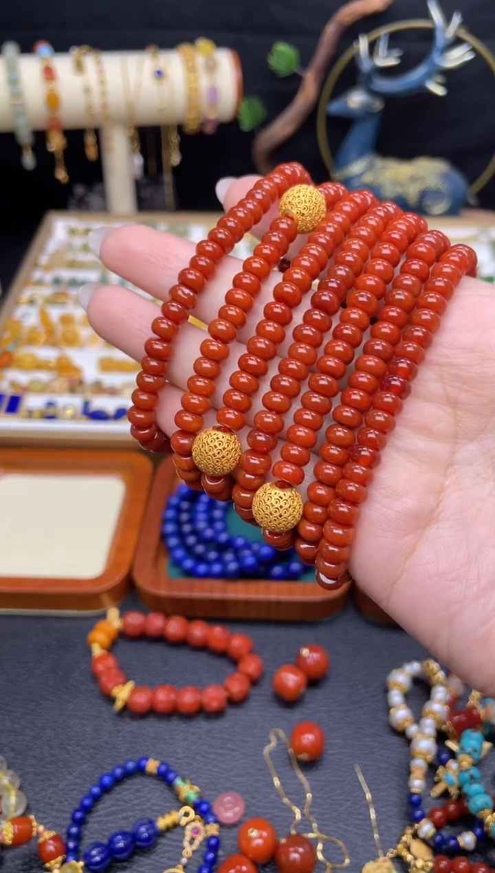 【闪购商品】南红玛瑙手串银S925镶嵌南红算盘珠镂空珠单圈