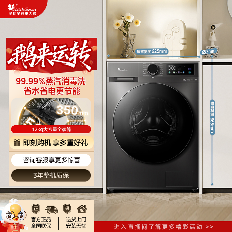 小天鹅大容量家用全自动除菌除螨TG120V098WDT单洗12kg滚筒洗衣机