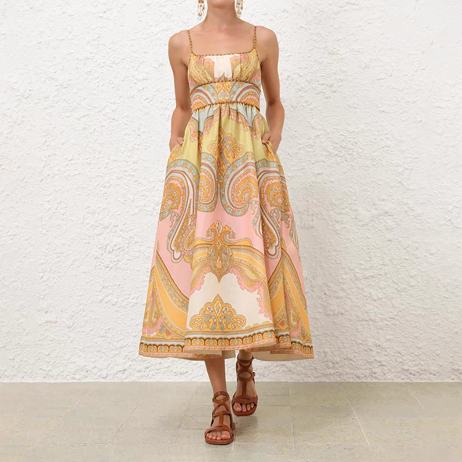 新款度假风亚麻野餐风格中长款连衣裙时尚优雅气质名媛夏季显瘦