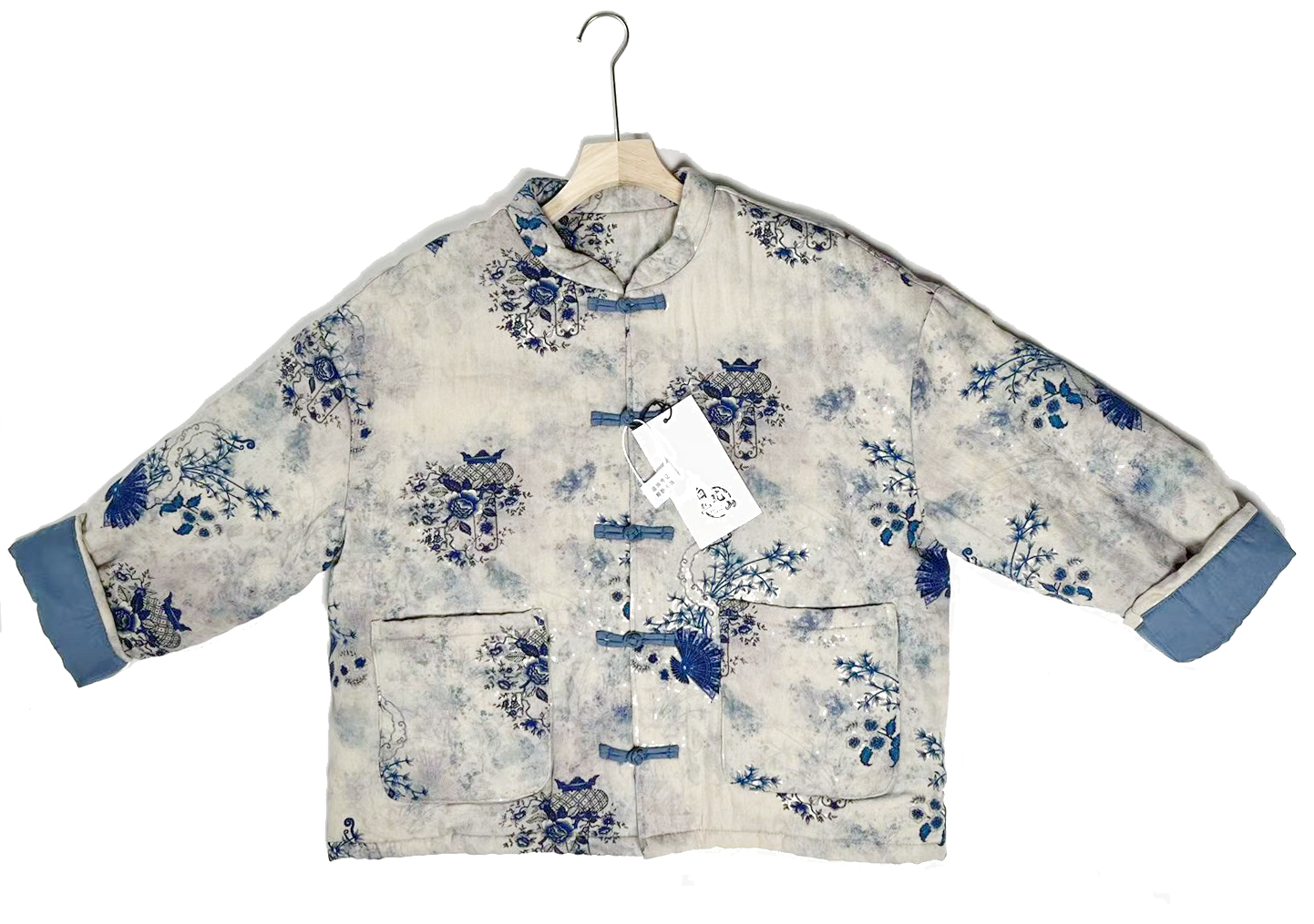 新中式盘扣棉麻青花瓷印花夹棉外套