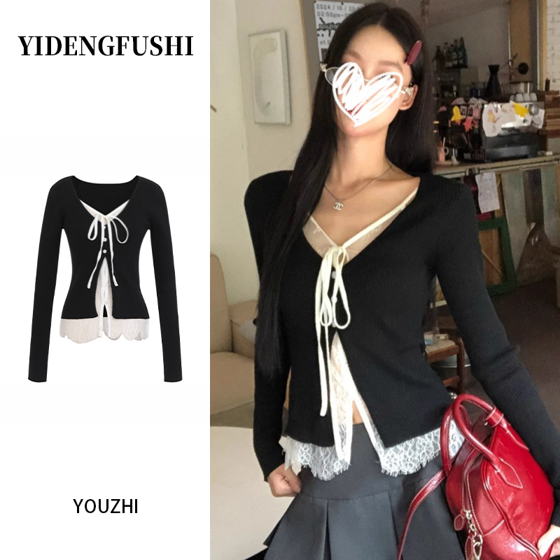 YIDENG黑色辣妹风蕾丝假两件系带T恤秋季洋气减龄百搭打底衫上衣