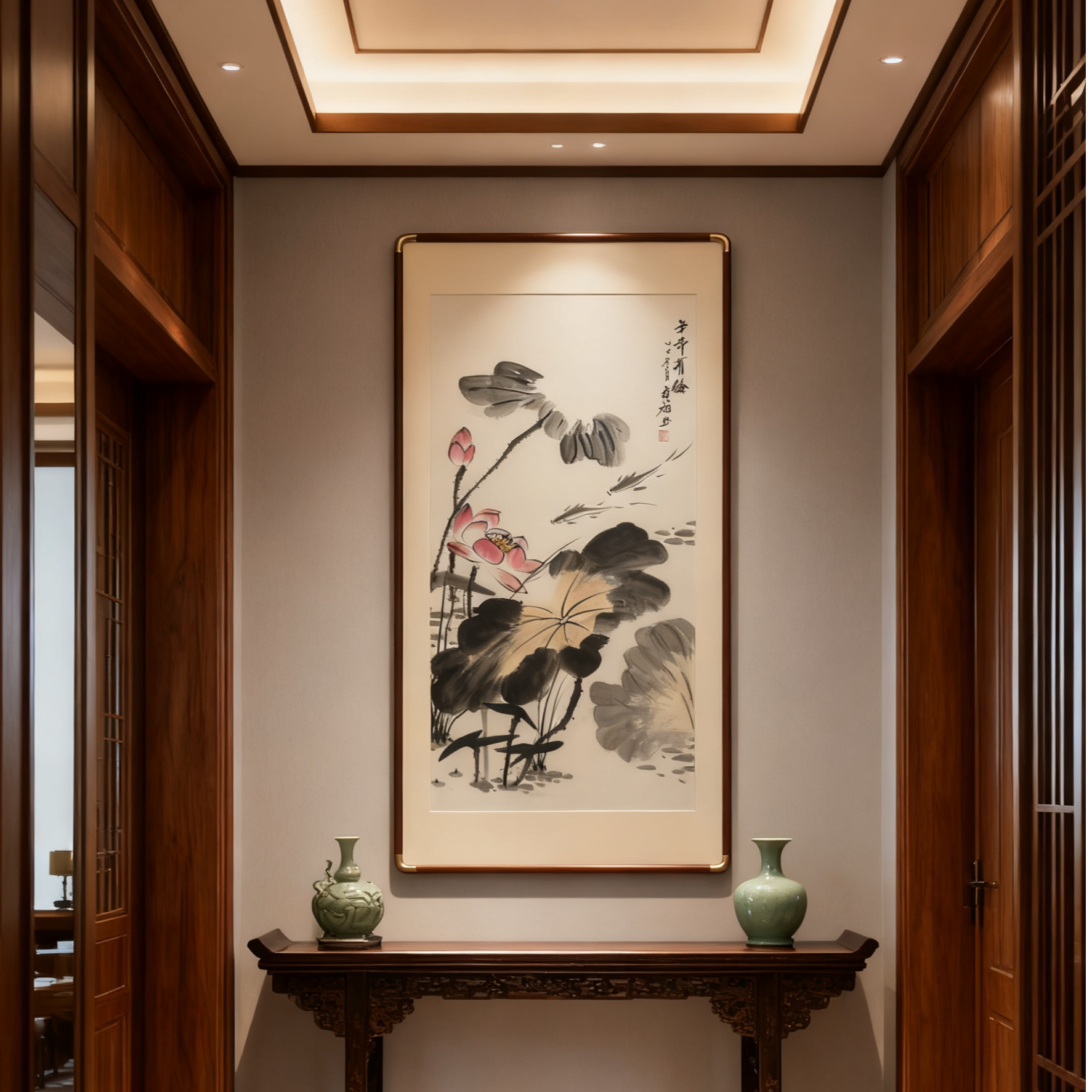 年年有余荷花装饰画木框适合玄关书房茶室客厅挂画122*62