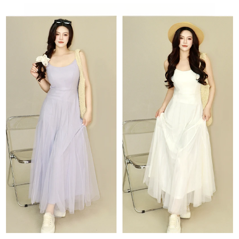 【半岛松茶】春季新款前幅领口设计露出锁骨小性感吊带连衣裙子女装