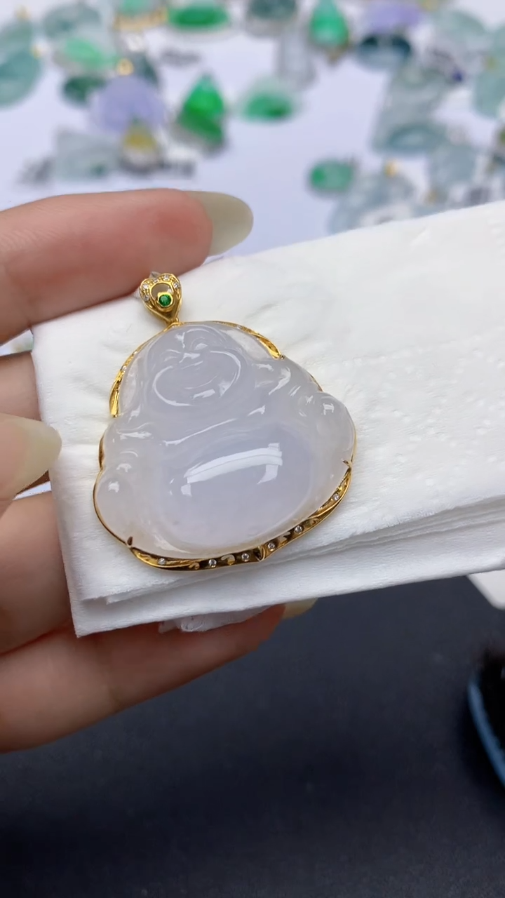 颈饰18K金镶嵌翡翠天然缅甸a货翡翠百元以上9元证书费自理