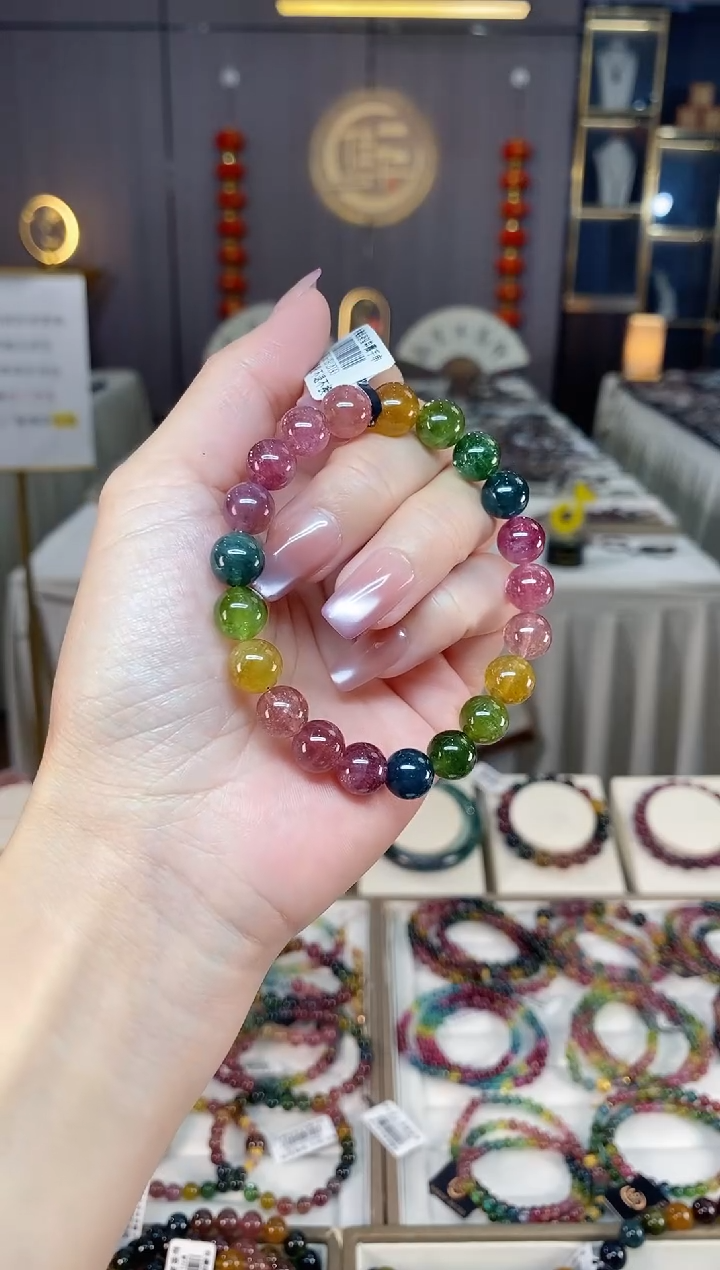 未镶嵌冰透体老矿碧玺彩虹单圈手串9mm+碧玺hon多样性发一条