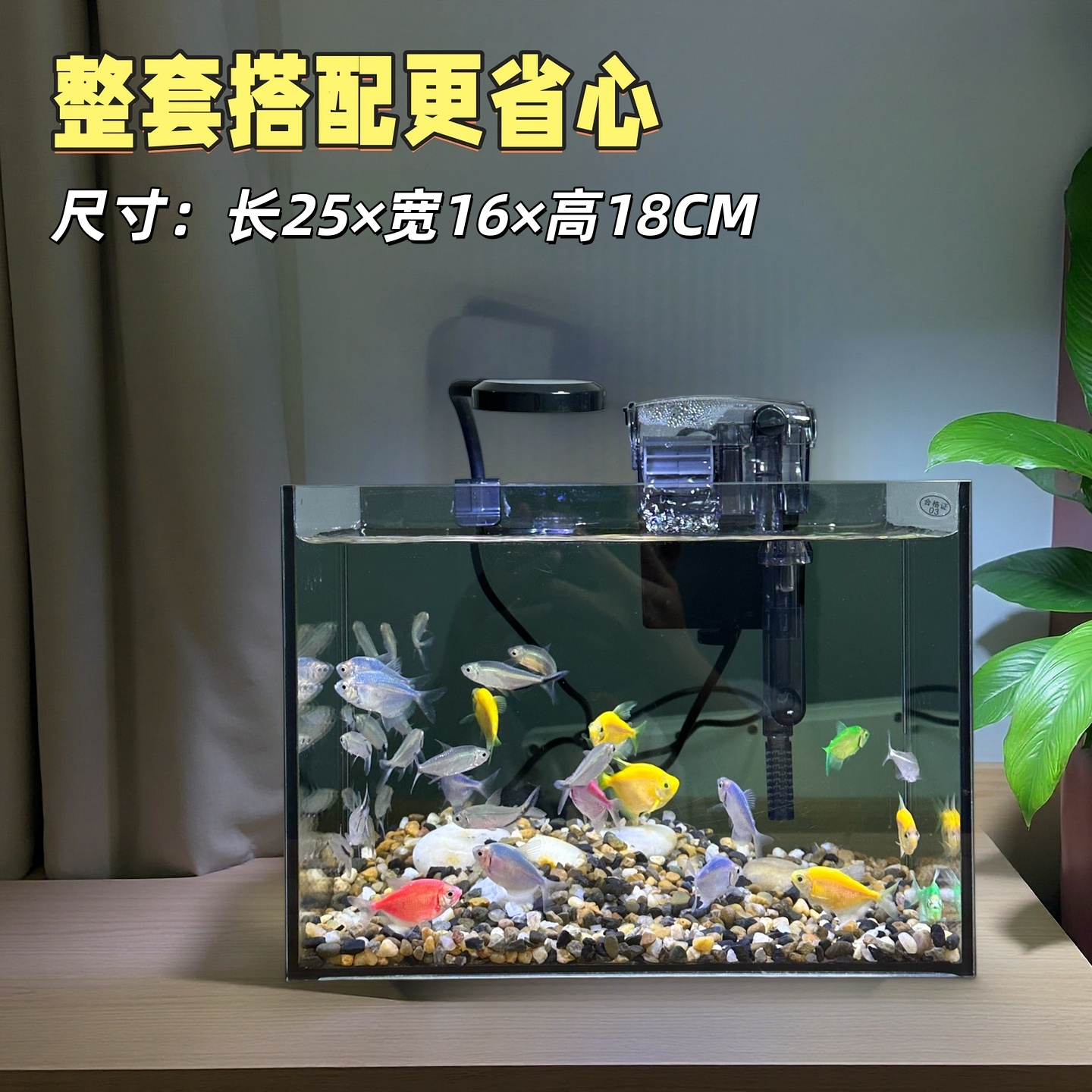【25×16×18CM】全套发货超白玻璃鱼缸5毫米加厚桌面鱼缸家用小鱼缸