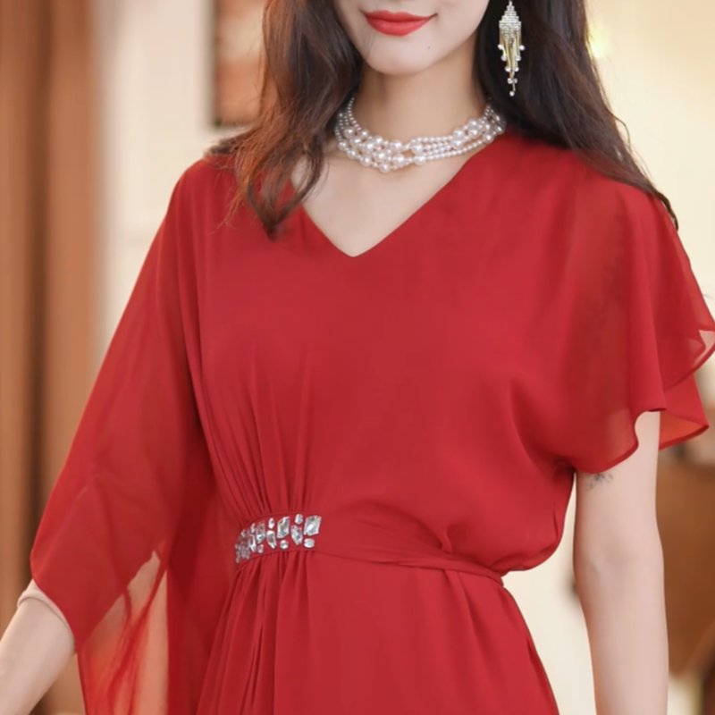 【恩雅】朱砂痣 春季新款气质显瘦高级时尚 法式收腰连衣裙-YL20195