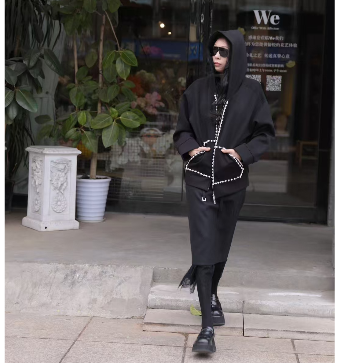 ELVIS.CHEUNG25春季新品女士珍珠饰边空气层连帽卫衣