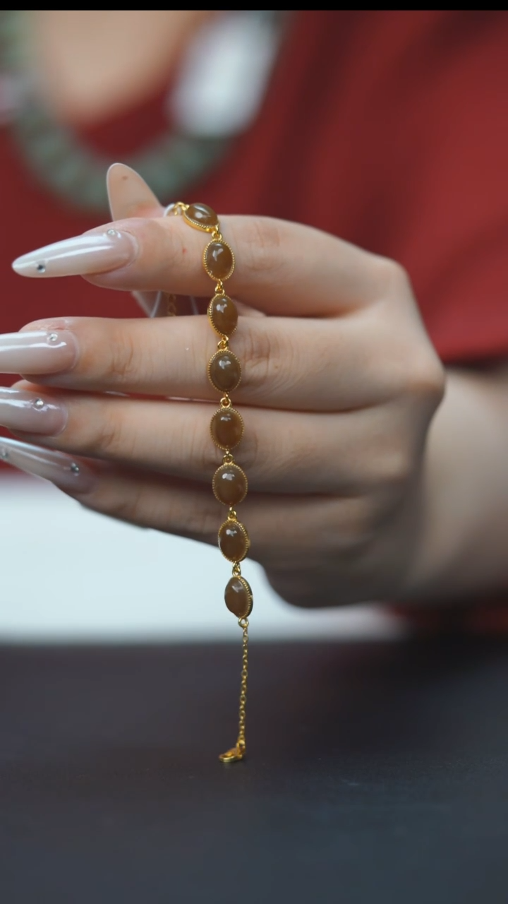 银S925镶嵌手链和田玉HD40035糖玉蛋面手链