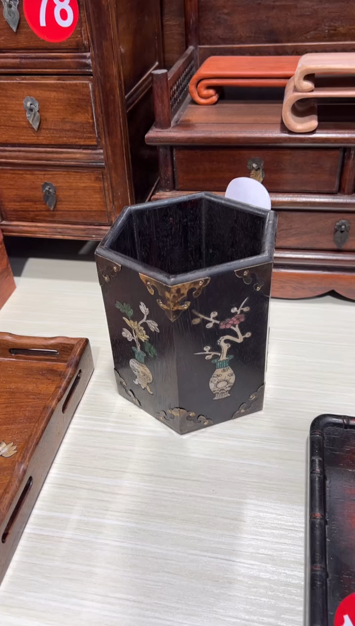 木木非洲紫檀螺钿镶嵌六角笔筒帽筒储物桶
