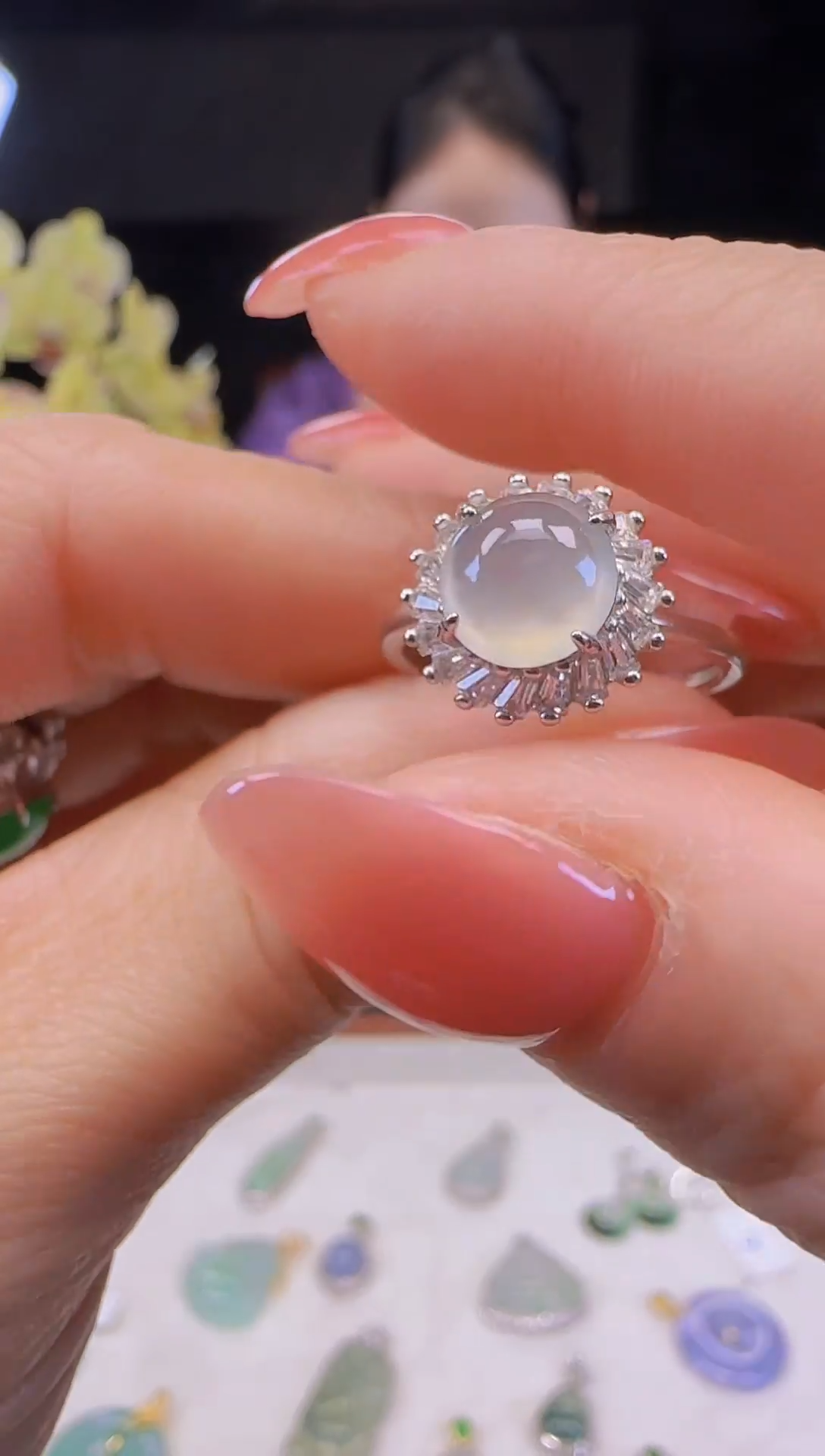 【闪购商品】翡翠戒指银S925镶嵌冰种蛋面戒指