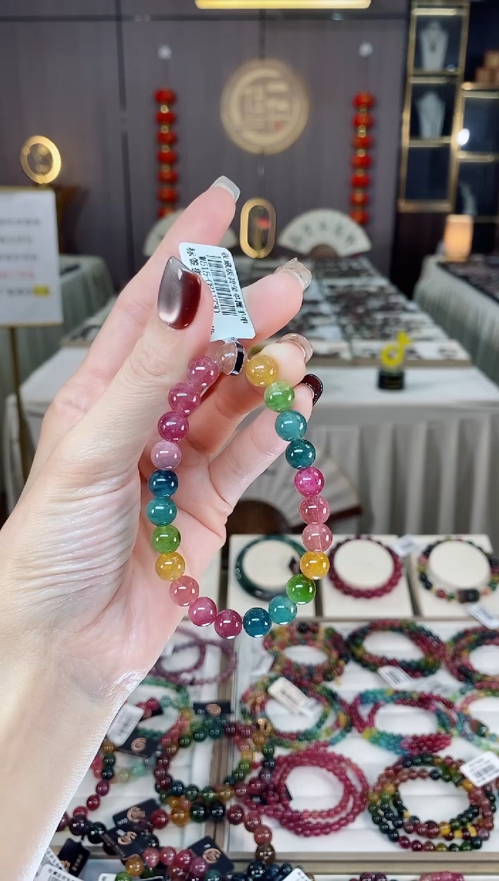 未镶嵌老矿碧玺色标彩虹单圈手串8mm+碧玺dan多样性发货一条