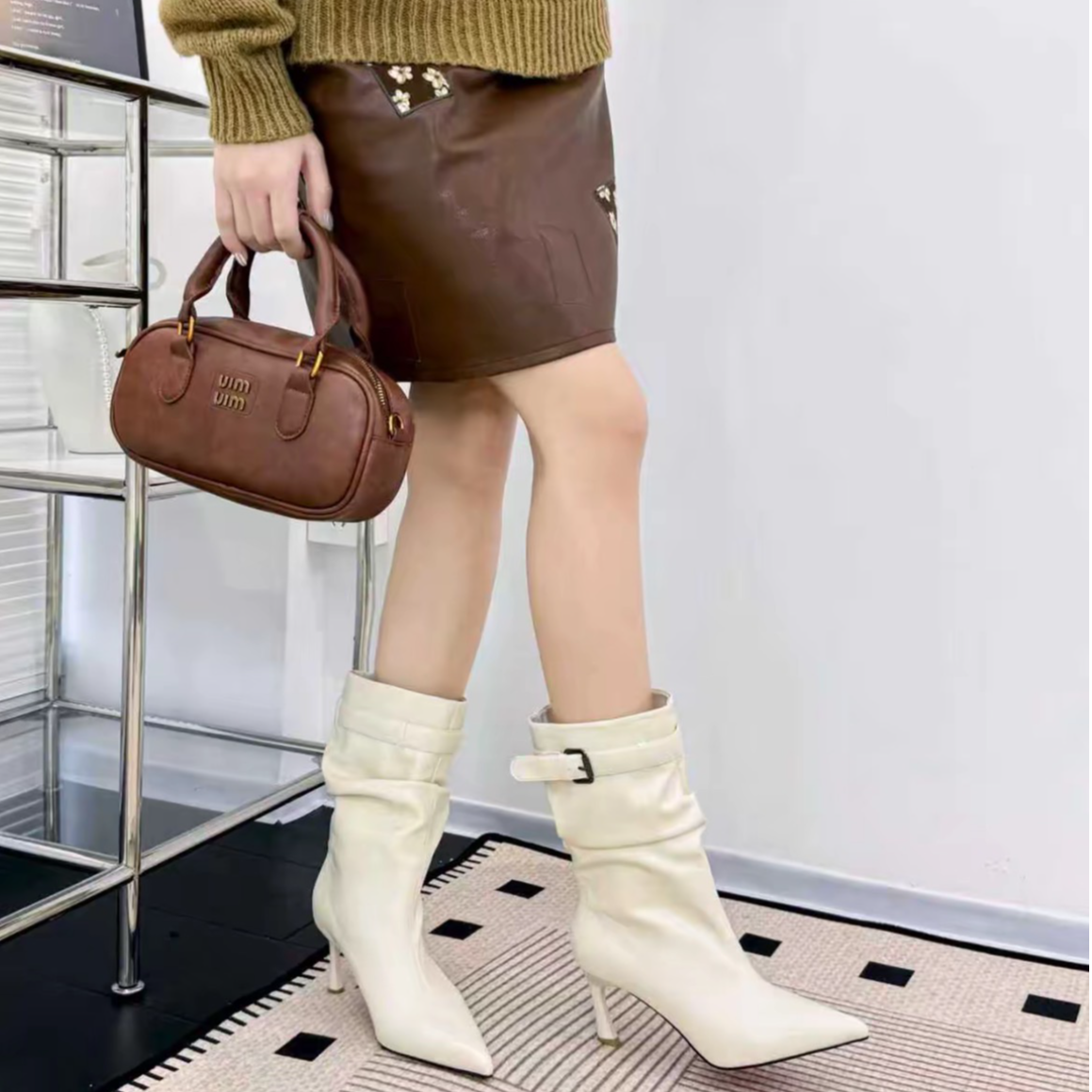 （6厘米）加绒6661-8米色红底细跟高跟鞋短靴