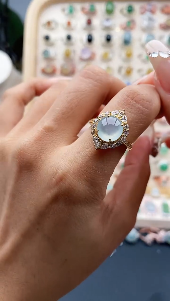 【闪购商品】翡翠戒指银S925镶嵌缅甸天然A货翡翠555  3+7