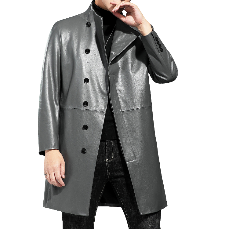 灰色中长款牛皮风衣男暗门襟纽扣翻领