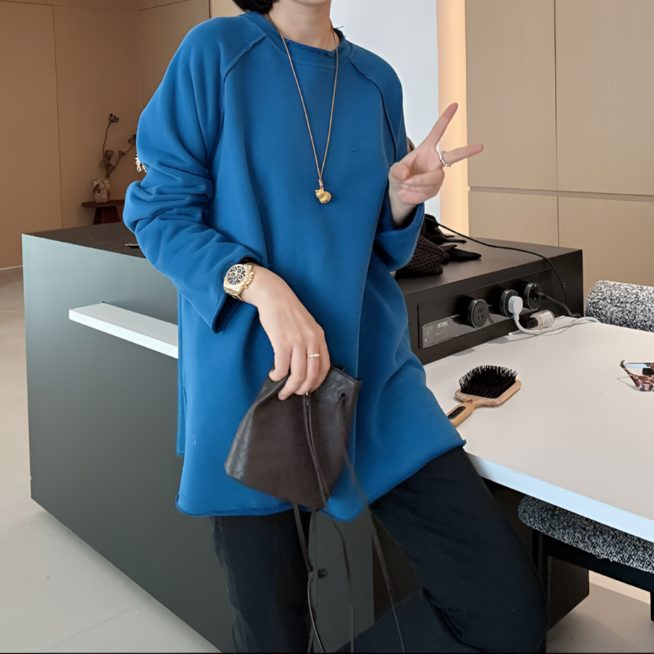 2025秋冬女韩版宽松百搭显瘦圆领纯棉卷毛边加绒加厚中长款卫衣