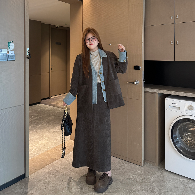 南岛风大码女装拼接牛仔灯芯绒外套女秋宽松显瘦半裙套装ZYY1129