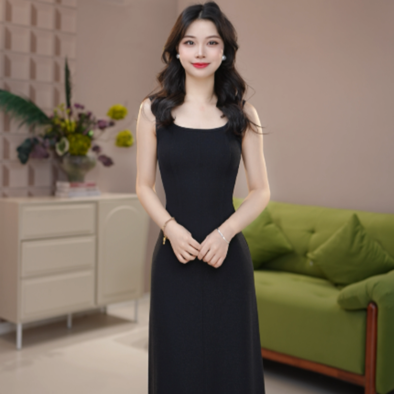 GIRDEAR/哥弟长款优雅修身U领减龄质感吊带长裙女装连衣裙1500474