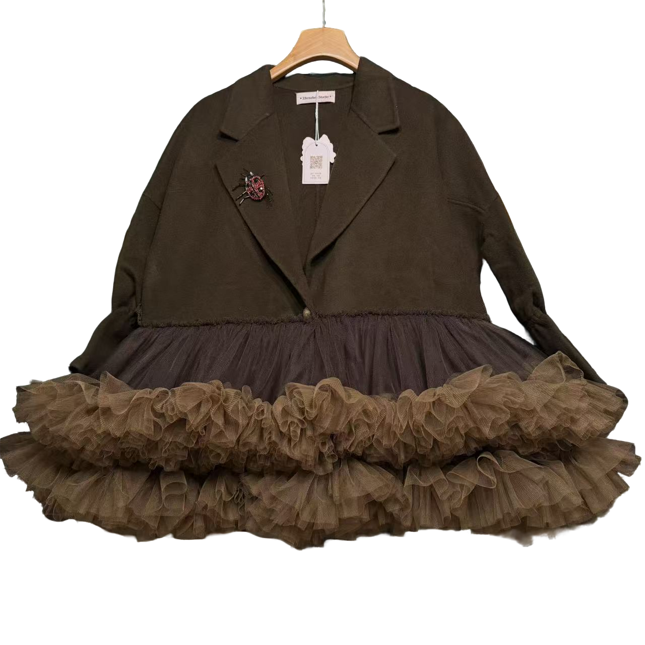 5821设计师韩版简约休闲棕色蜘蛛外套秋冬韩版毛呢减龄蓬蓬裙