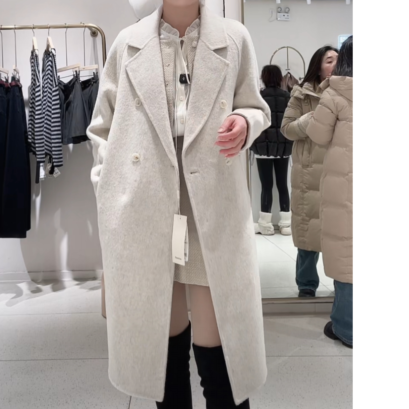 朵以2025冬季新款翻领宽松双面呢大衣中长款燕麦色40VD748670