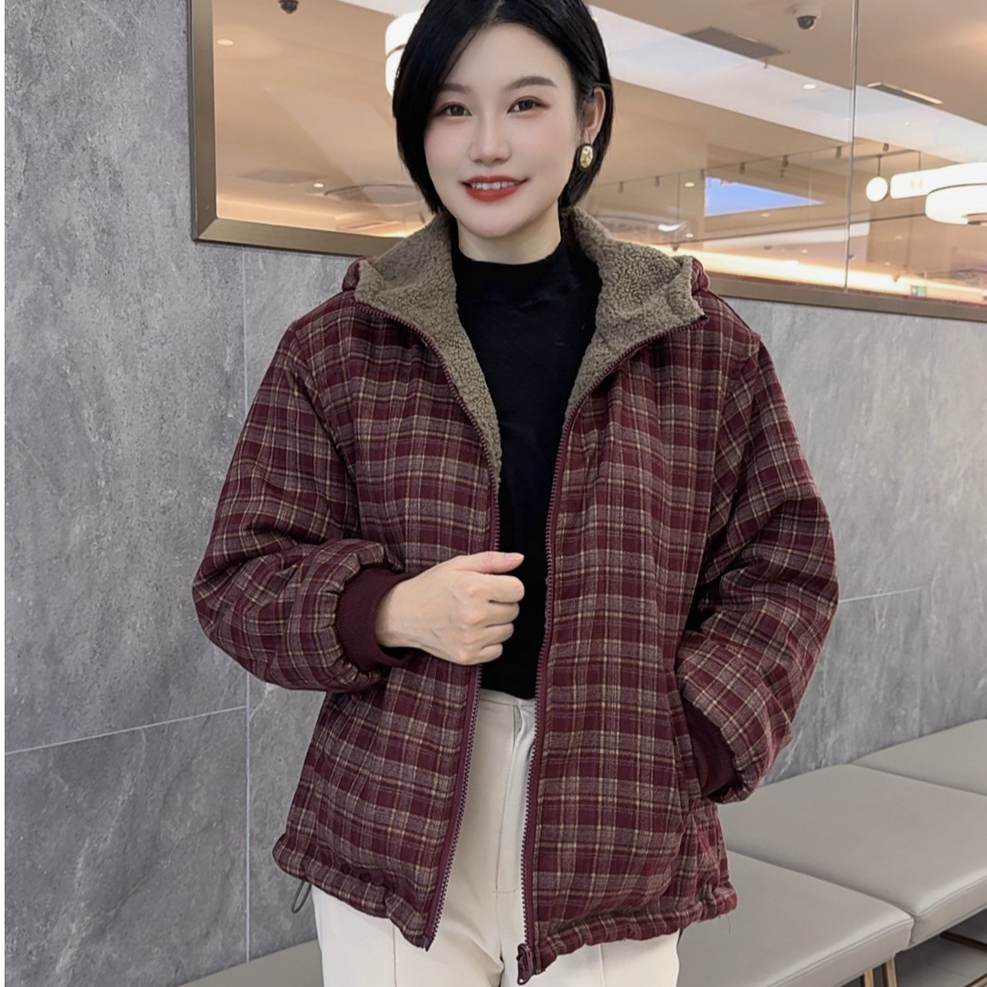 双面穿加厚连帽棉衣外套女秋冬新款格子大口袋加厚保暖棉服外套女