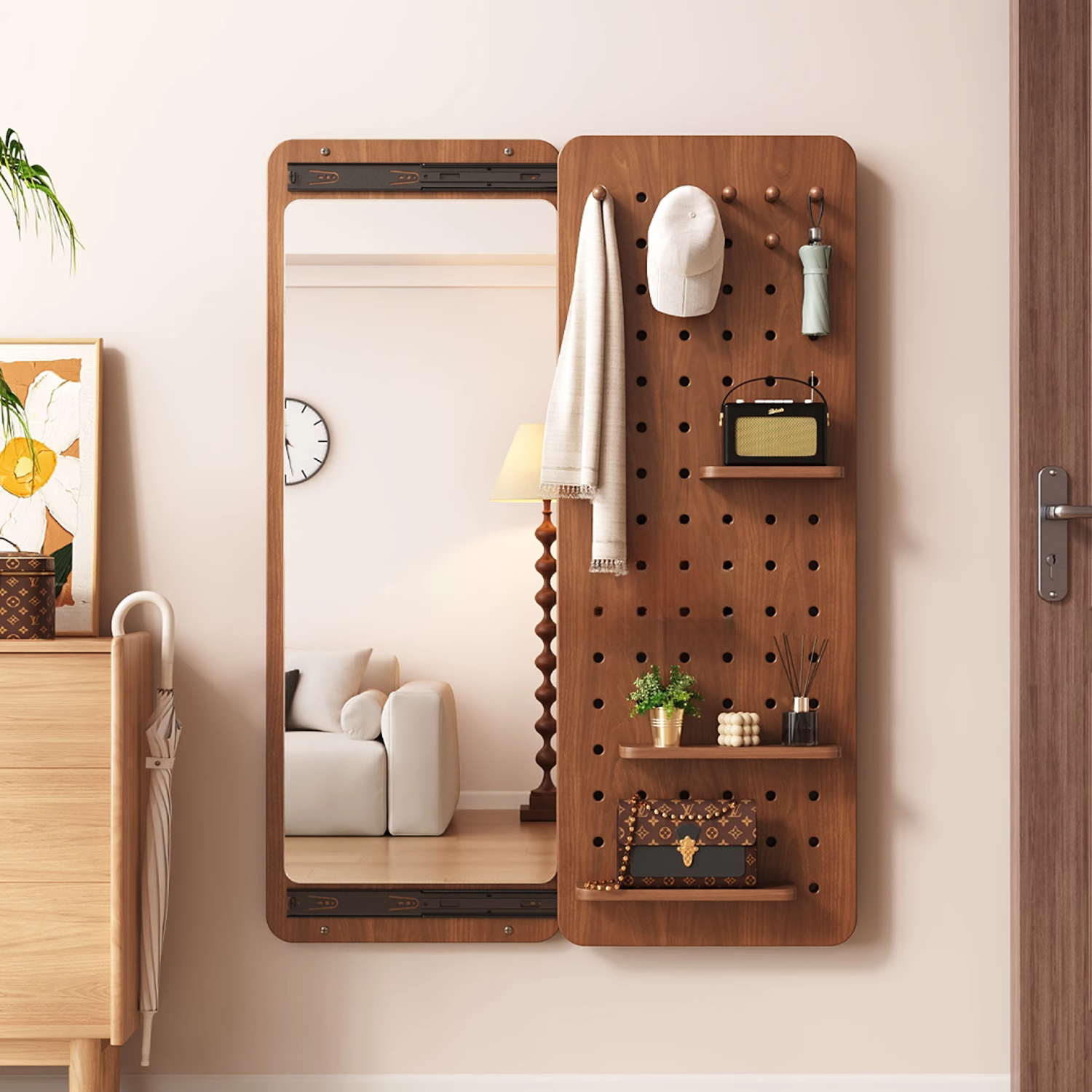 洞洞板穿衣镜隐形可关闭推拉全身镜壁挂式家用玄关挂墙大试衣镜子