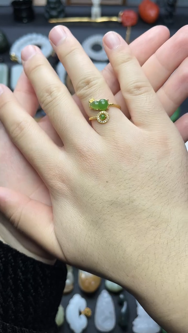 银S925镶嵌戒指和田玉葫芦戒指06