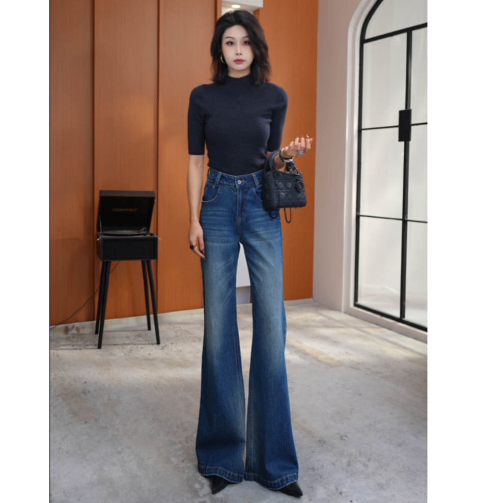 K80072 | 高腰阔腿喇叭裤加绒加厚秋冬季微弹挺括感显瘦牛仔裤