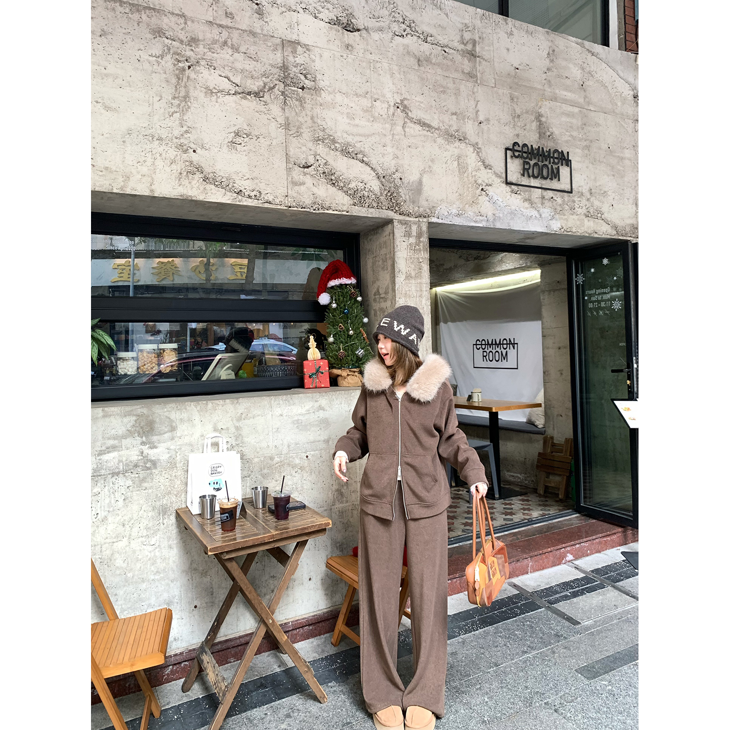 陳文文xenl【迷雾伦敦】冬季慵懒连帽大毛领加绒加厚休闲套装0183