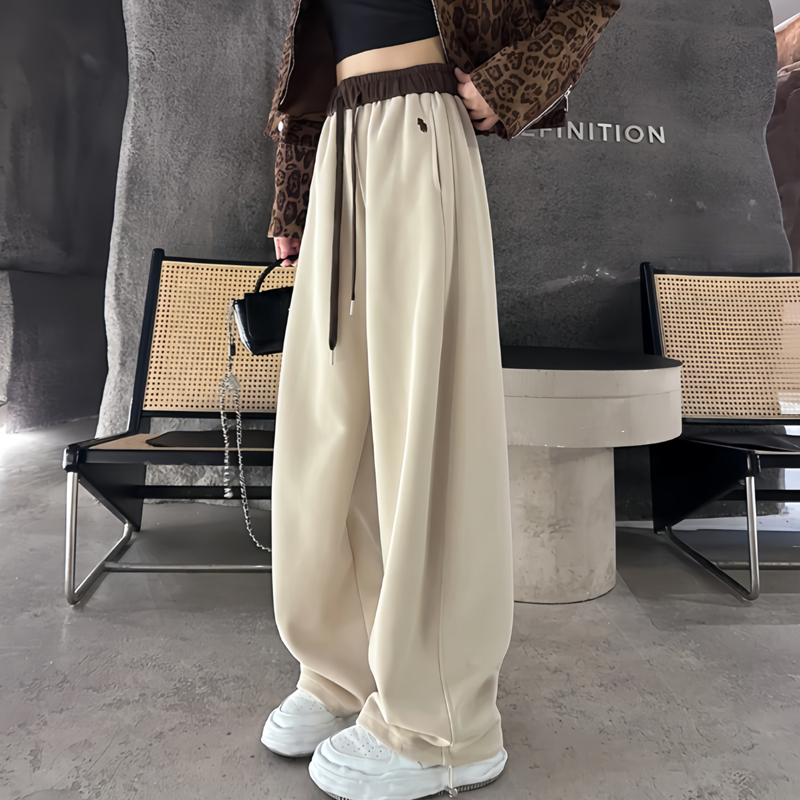 慵懒风刺绣阔腿裤女秋冬加绒加厚高腰宽松百搭拼色休闲弯刀裤T