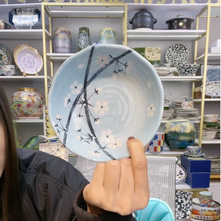 【2支】日本进口美浓烧淡墨蓝樱小钵14cm