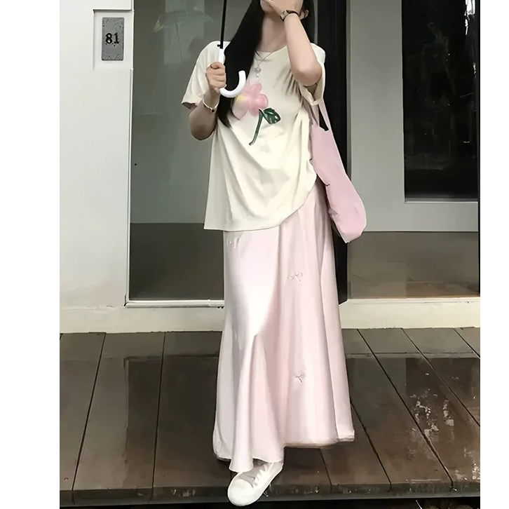 【大脸】短袖t恤缎面半身裙两件套女夏季新款显瘦套装（90017）