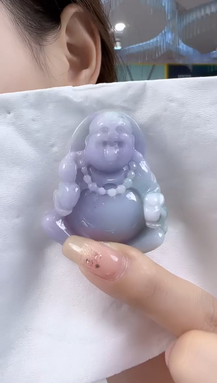 翡翠未镶嵌吊坠(不含链)孤品翡翠A货飘紫带绿笑佛吊坠