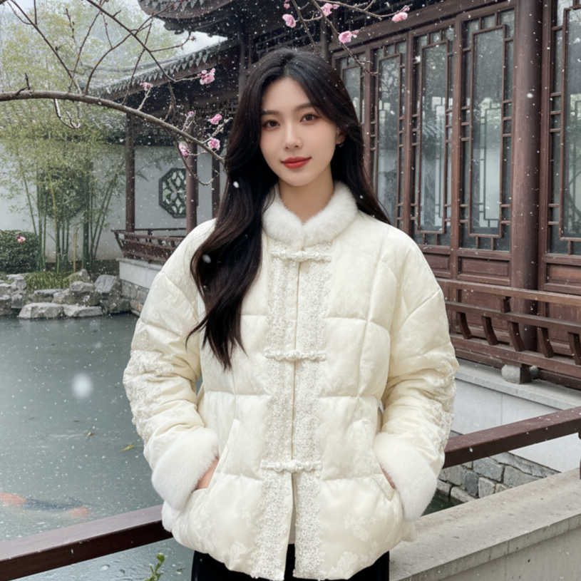 2025冬新款欧货新中式国风气质仿水貂毛亮片拼接白鸭羽绒服外套女