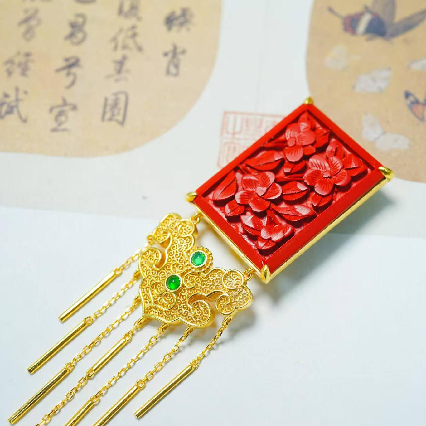 吊坠925银树脂 甘澜文创 S925银镀金雕花流苏胸针吊坠ZZ3480