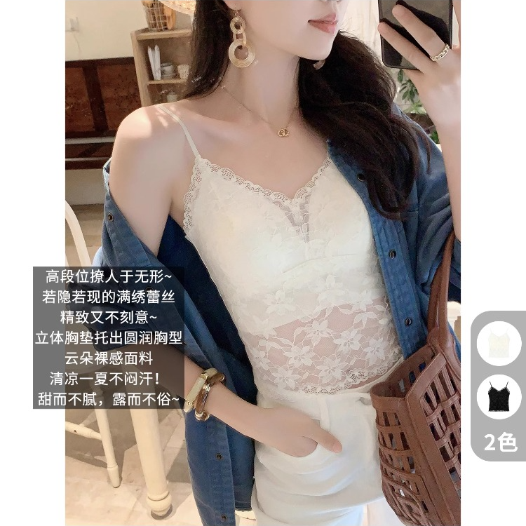 美洋MEIYANG 蕾丝小吊带 带胸垫_满绣蕾丝花边甜美性感背心-周四