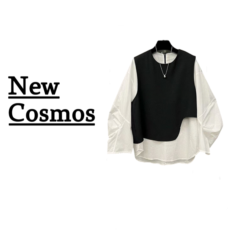 【NEW COSMOS】常规圆领原宿风长袖拼接衬衫假两件宽松 H0679