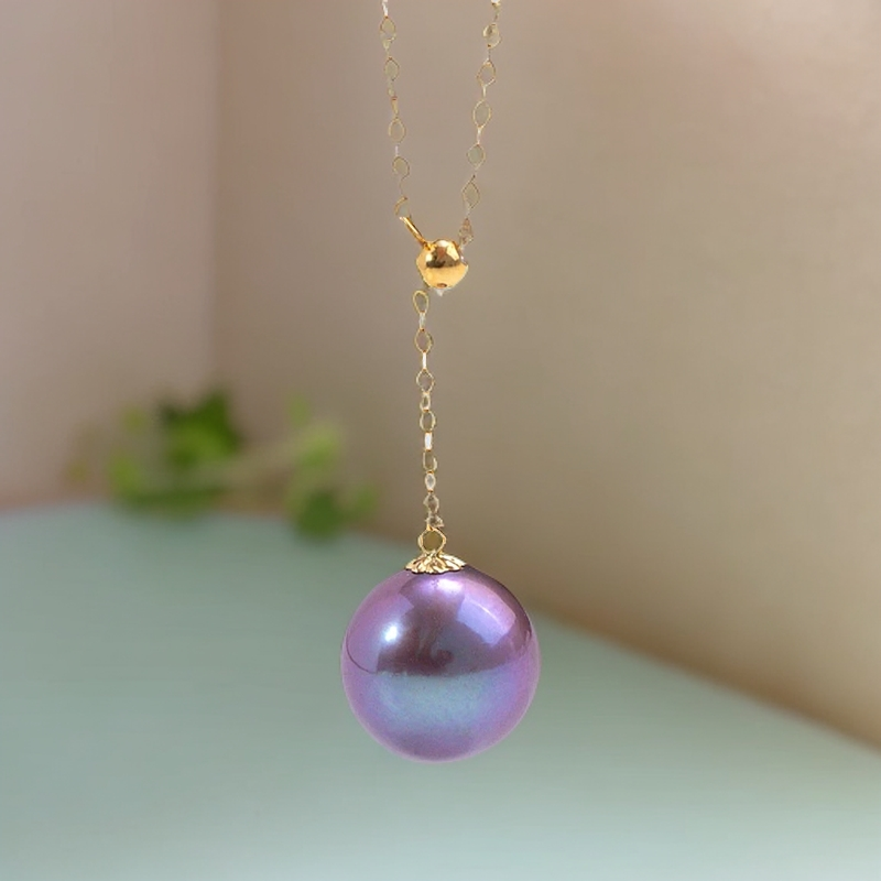 18K金淡水珍珠紫珠正圆无暇卡12项链