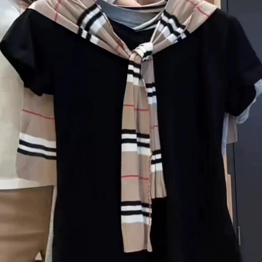 0555港风刺绣V领短袖T恤女条纹针织披肩上衣两件套潮